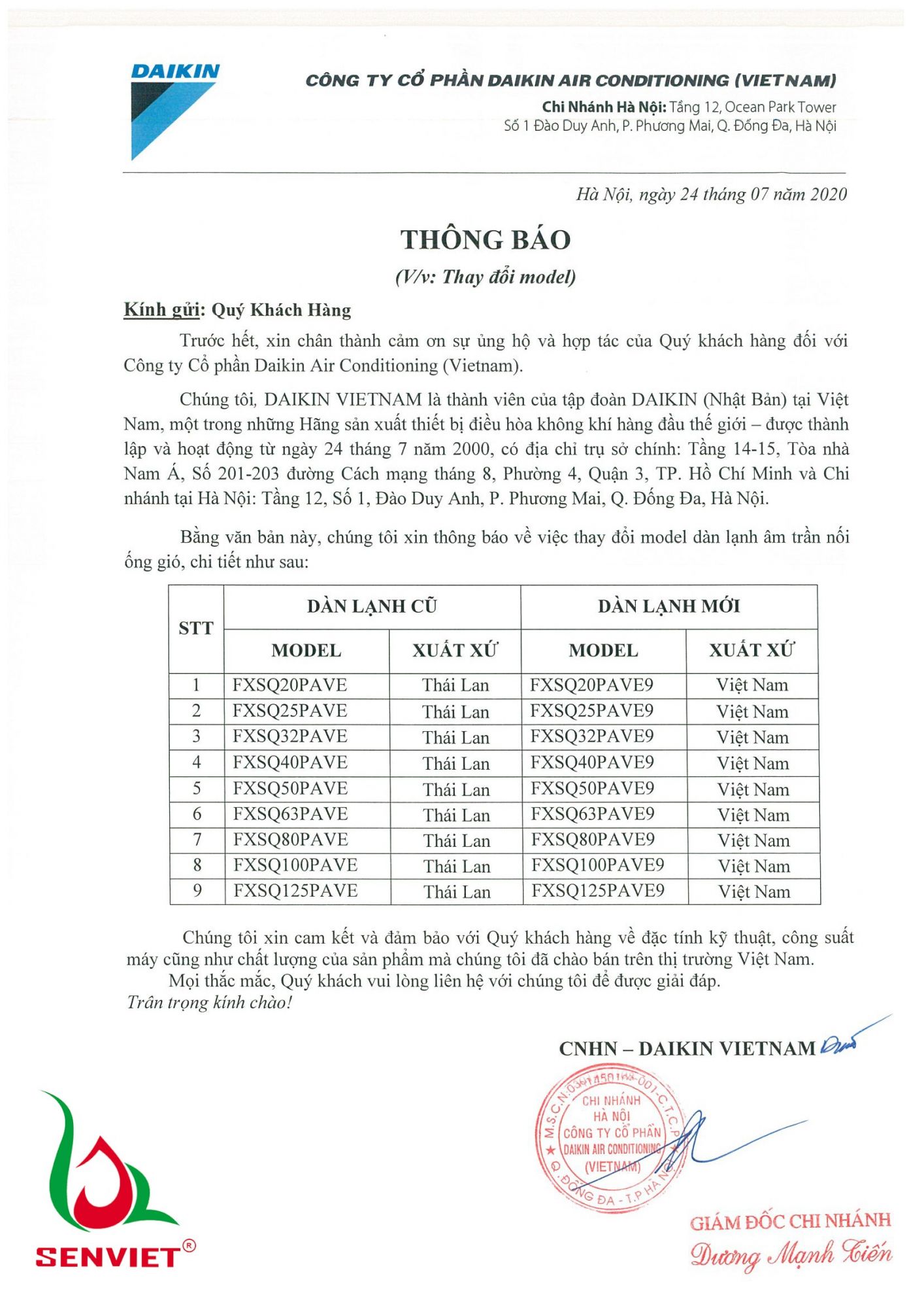 Thông báo thay đổi model FXSQ